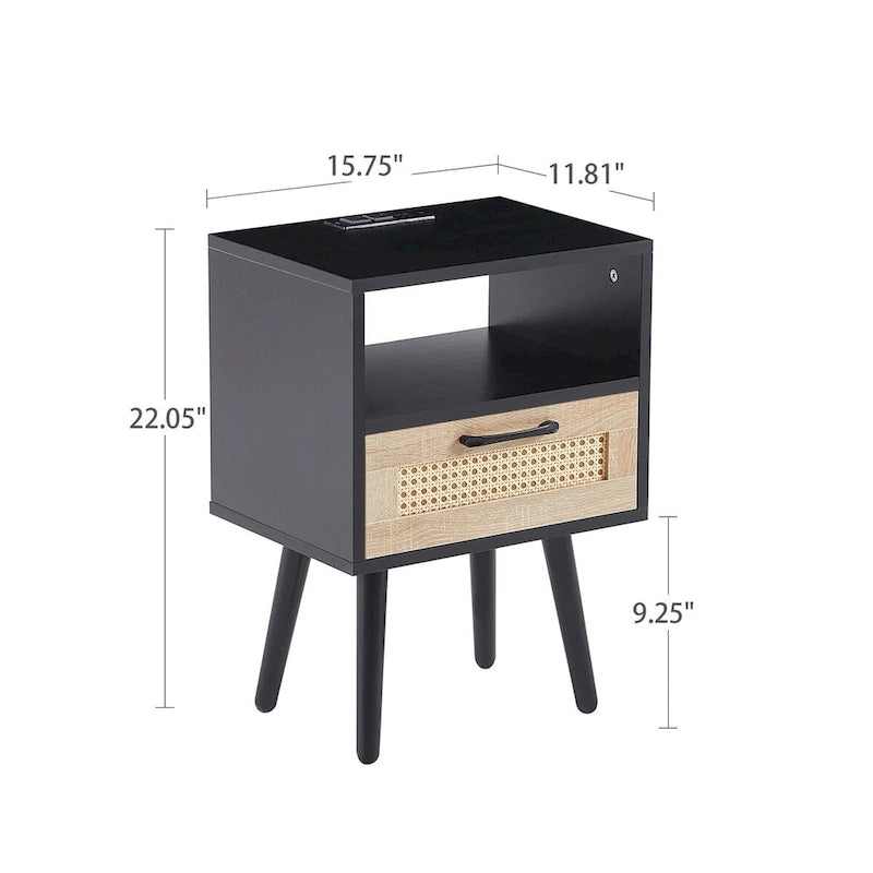 15.75Table d'appoint en rotin avec prise électrique et ports USBTable de chevet moderne avec tiroir et pieds en bois massif, table d'appoint pour salon