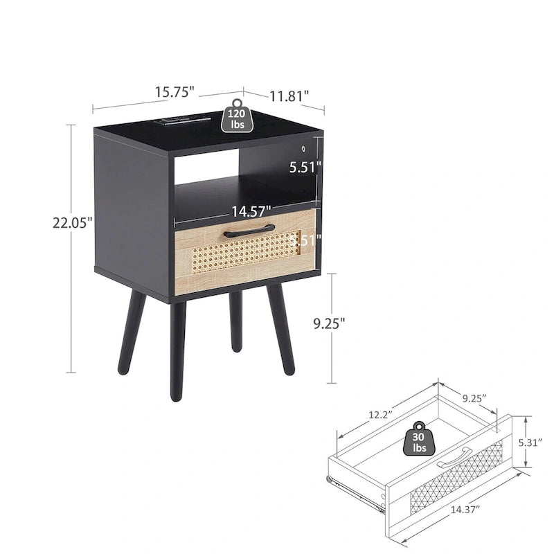 15.75Table d'appoint en rotin avec prise électrique et ports USBTable de chevet moderne avec tiroir et pieds en bois massif, table d'appoint pour salon