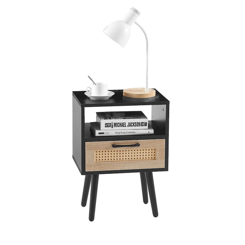 15.75Table d'appoint en rotin avec prise électrique et ports USBTable de chevet moderne avec tiroir et pieds en bois massif, table d'appoint pour salon