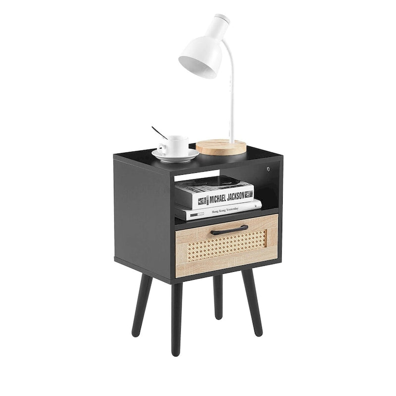 15.75Table d'appoint en rotin avec prise électrique et ports USBTable de chevet moderne avec tiroir et pieds en bois massif, table d'appoint pour salon