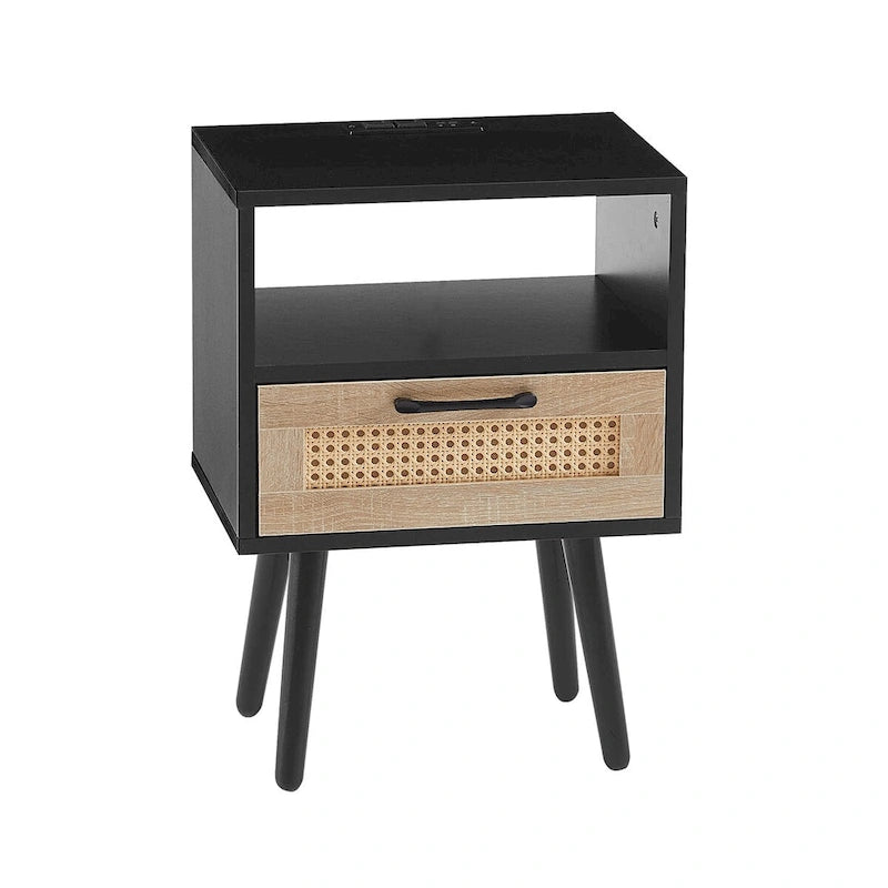 15.75Table d'appoint en rotin avec prise électrique et ports USBTable de chevet moderne avec tiroir et pieds en bois massif, table d'appoint pour salon