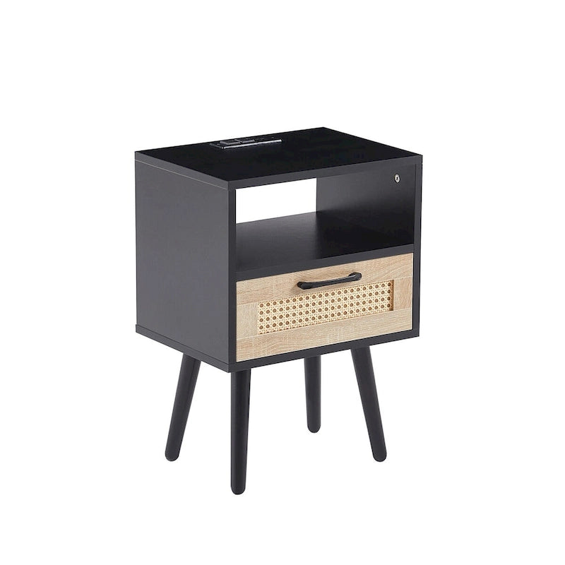 15.75Table d'appoint en rotin avec prise électrique et ports USBTable de chevet moderne avec tiroir et pieds en bois massif, table d'appoint pour salon
