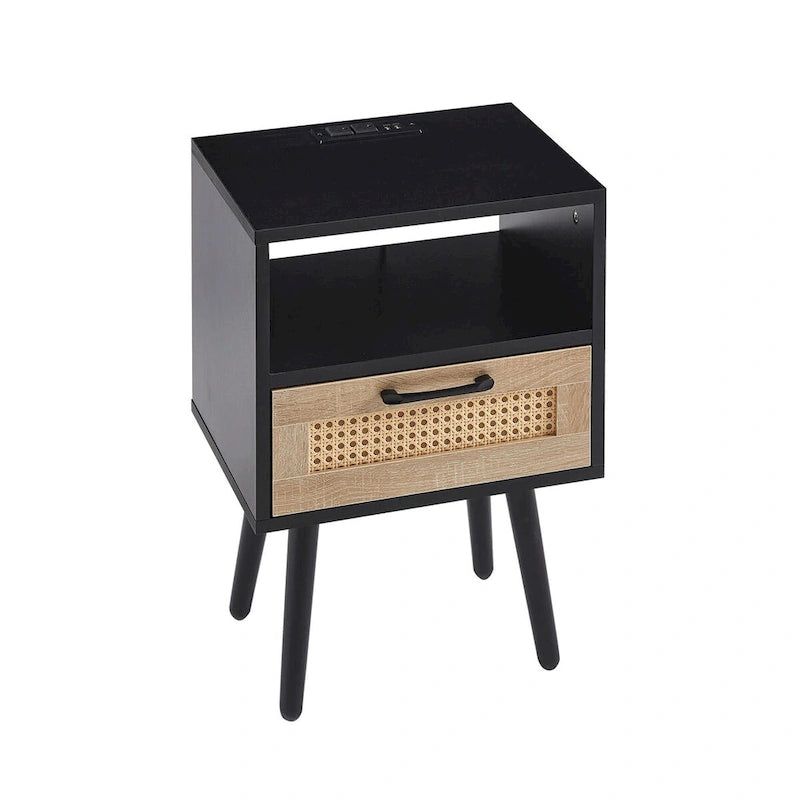 15.75Table d'appoint en rotin avec prise électrique et ports USBTable de chevet moderne avec tiroir et pieds en bois massif, table d'appoint pour salon