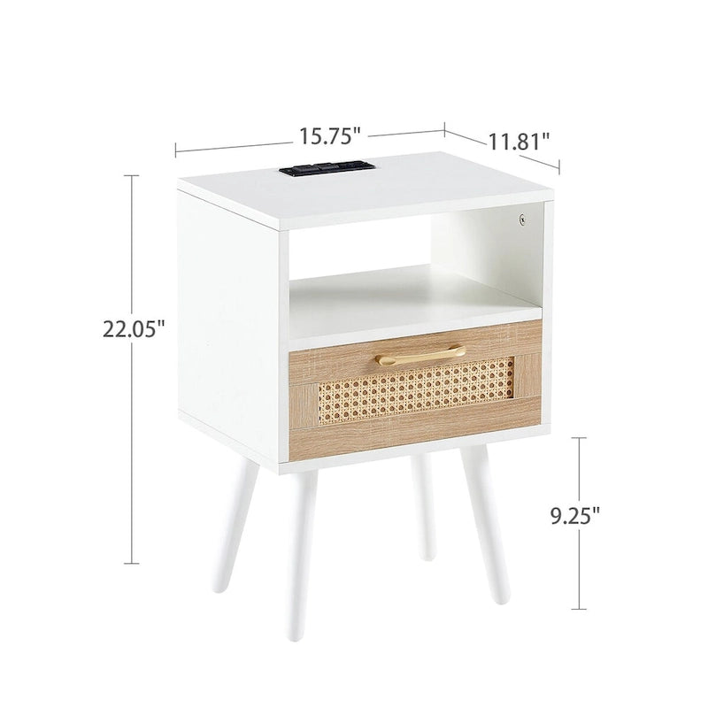 15.75Table d'appoint en rotin avec prise électrique et ports USBTable de chevet moderne avec tiroir et pieds en bois massif, table d'appoint pour salon