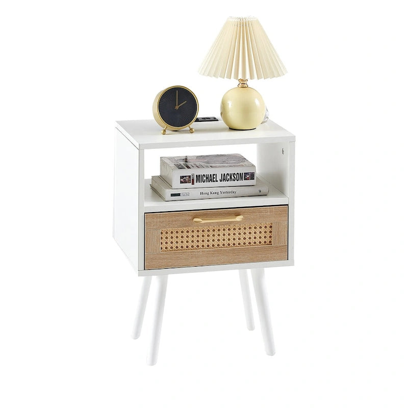 15.75Table d'appoint en rotin avec prise électrique et ports USBTable de chevet moderne avec tiroir et pieds en bois massif, table d'appoint pour salon