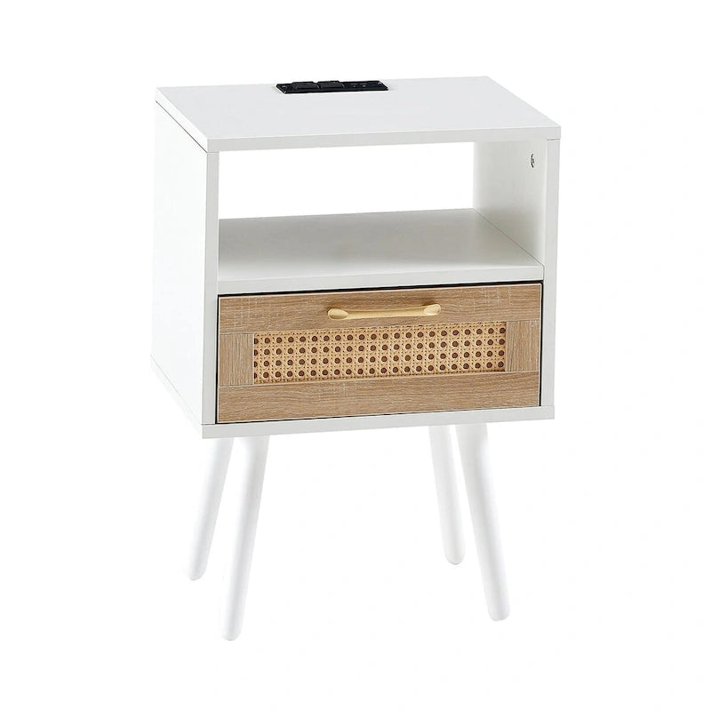 15.75Table d'appoint en rotin avec prise électrique et ports USBTable de chevet moderne avec tiroir et pieds en bois massif, table d'appoint pour salon
