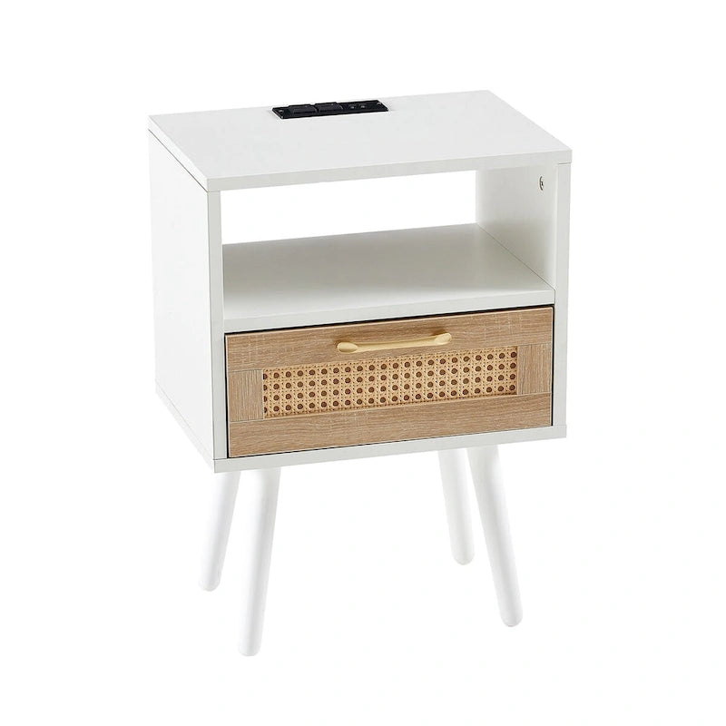 15.75Table d'appoint en rotin avec prise électrique et ports USBTable de chevet moderne avec tiroir et pieds en bois massif, table d'appoint pour salon