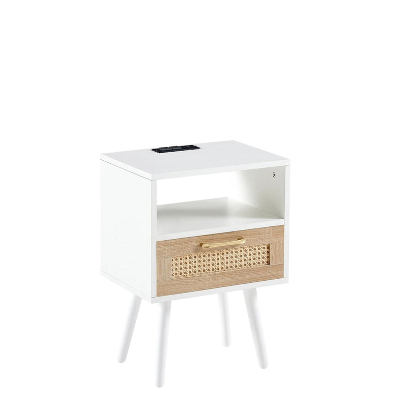 15.75Table d'appoint en rotin avec prise électrique et ports USBTable de chevet moderne avec tiroir et pieds en bois massif, table d'appoint pour salon