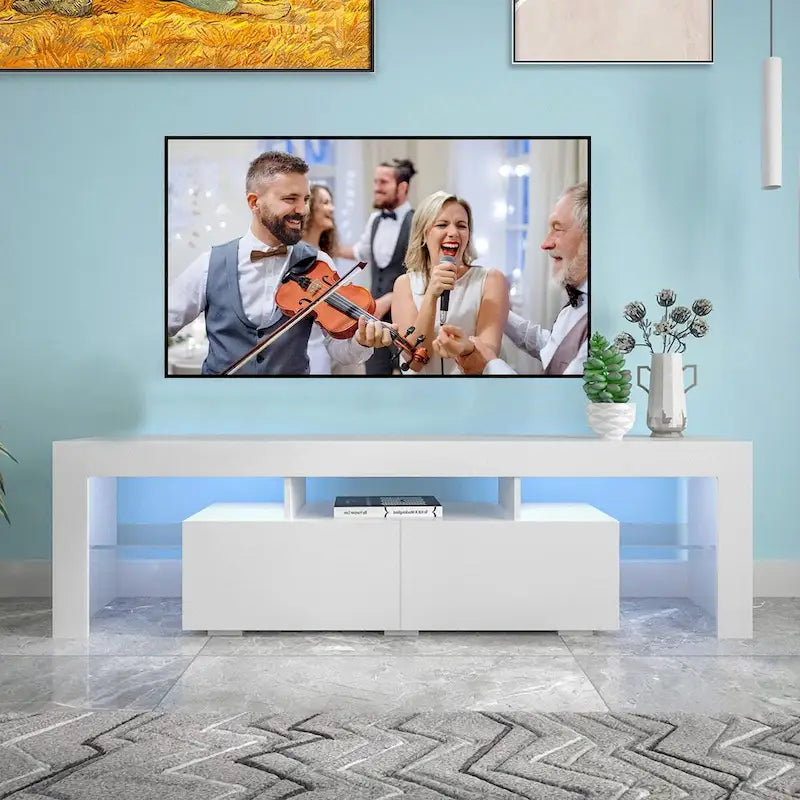 Meuble TV moderne jusqu'à 70 pouces avec 2 tiroirs et étagères, lumières LED - 160 cm (L) x 35,5 cm (P) x 45,7 cm (H)