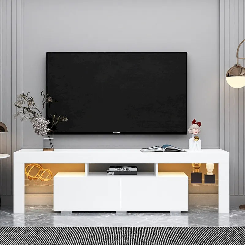 Meuble TV moderne jusqu'à 70 pouces avec 2 tiroirs et étagères, lumières LED - 160 cm (L) x 35,5 cm (P) x 45,7 cm (H)