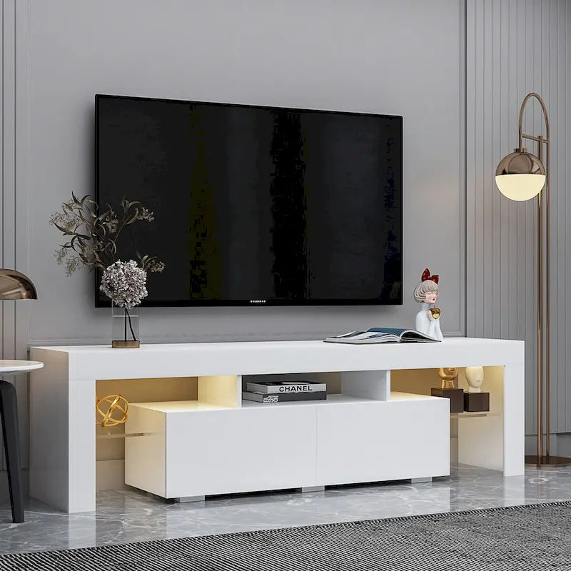 Meuble TV moderne jusqu'à 70 pouces avec 2 tiroirs et étagères, lumières LED - 160 cm (L) x 35,5 cm (P) x 45,7 cm (H)