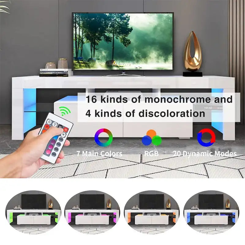 Meuble TV moderne jusqu'à 70 pouces avec 2 tiroirs et étagères, lumières LED - 160 cm (L) x 35,5 cm (P) x 45,7 cm (H)