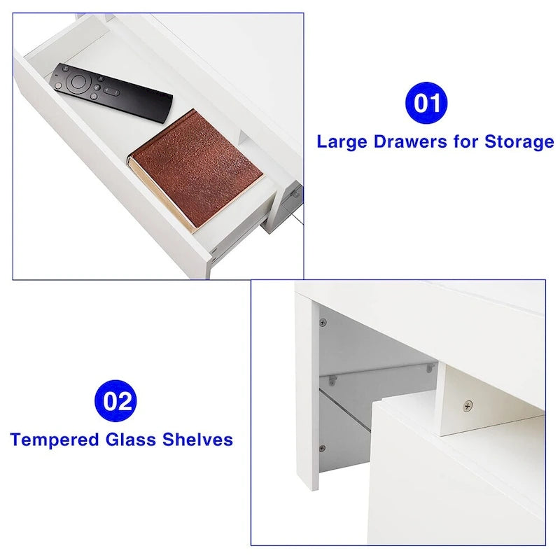 Meuble TV moderne jusqu'à 70 pouces avec 2 tiroirs et étagères, lumières LED - 160 cm (L) x 35,5 cm (P) x 45,7 cm (H)