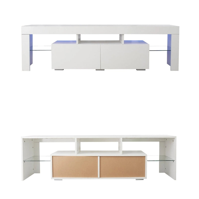 Meuble TV moderne jusqu'à 70 pouces avec 2 tiroirs et étagères, lumières LED - 160 cm (L) x 35,5 cm (P) x 45,7 cm (H)