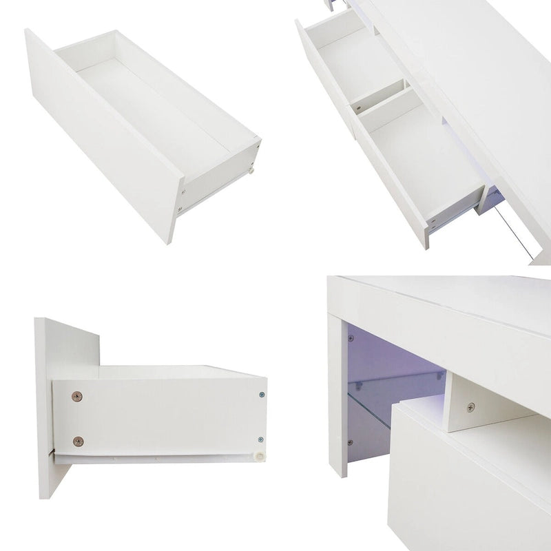 Meuble TV moderne jusqu'à 70 pouces avec 2 tiroirs et étagères, lumières LED - 160 cm (L) x 35,5 cm (P) x 45,7 cm (H)