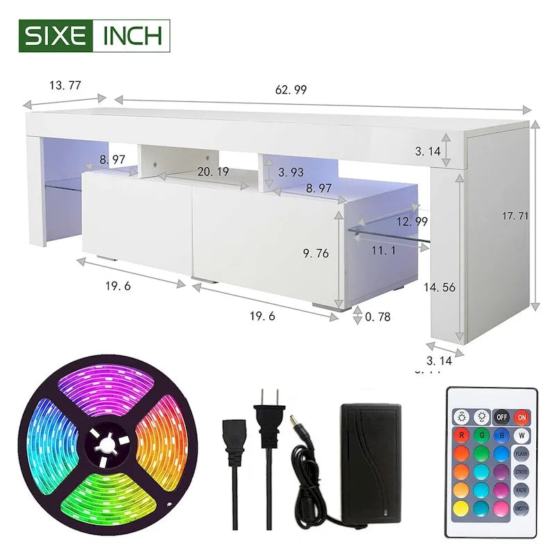 Meuble TV moderne jusqu'à 70 pouces avec 2 tiroirs et étagères, lumières LED - 160 cm (L) x 35,5 cm (P) x 45,7 cm (H)