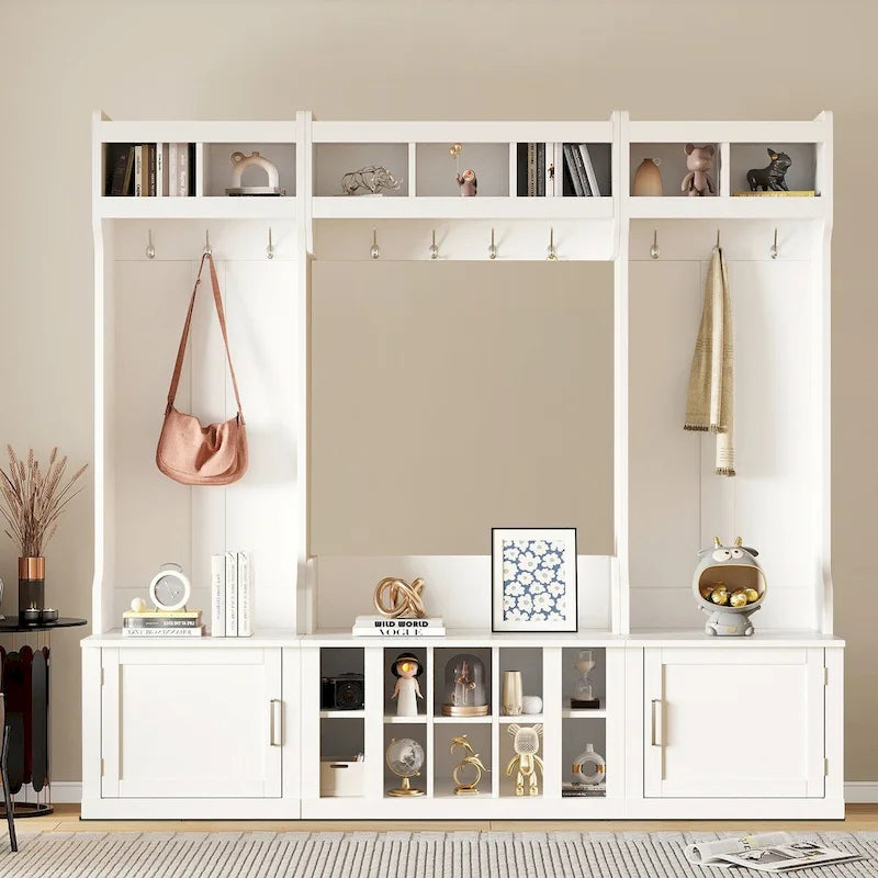 Porte-manteau d'entrée en bois autoportant 4-en-1 minimaliste avec plusieurs espaces de rangement