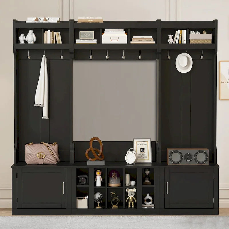 Porte-manteau d'entrée en bois autoportant 4-en-1 minimaliste avec plusieurs espaces de rangement