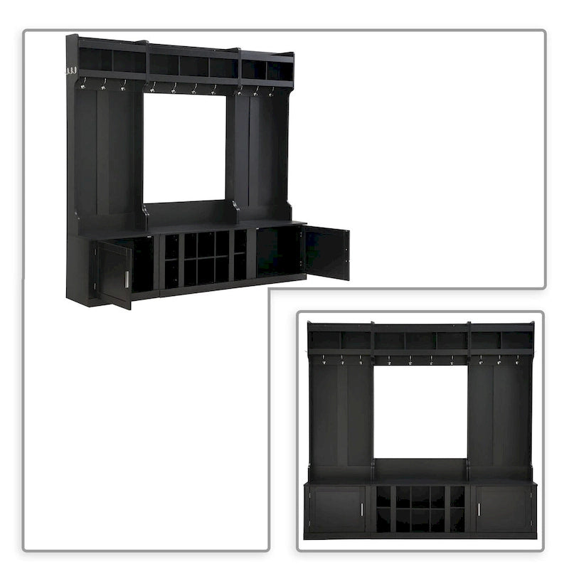 Porte-manteau d'entrée en bois autoportant 4-en-1 minimaliste avec plusieurs espaces de rangement
