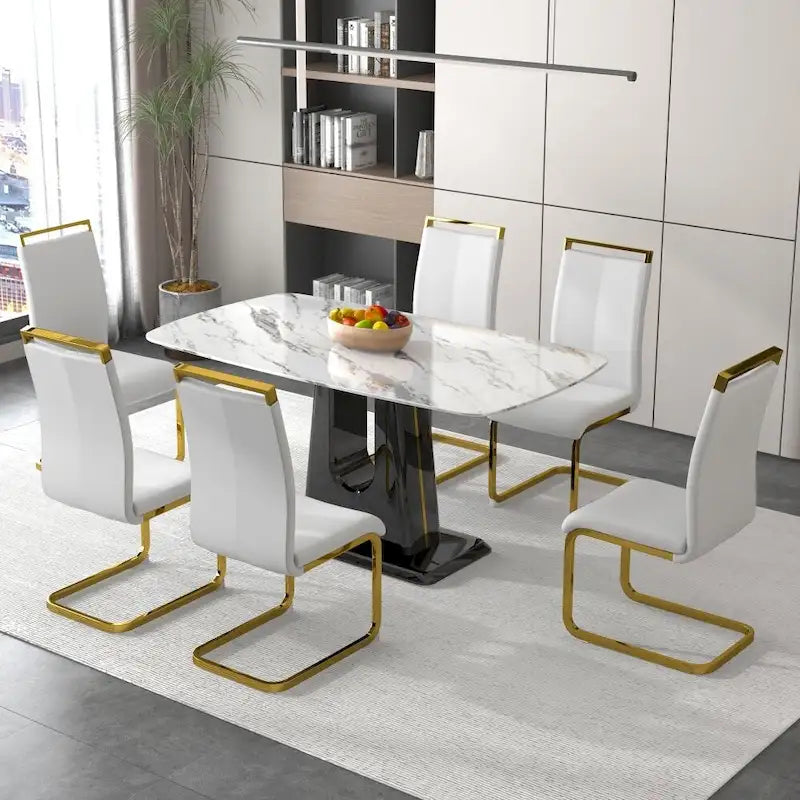 Une table à manger moderne, minimaliste et luxueuse avec un plateau en imitation marbre blanc