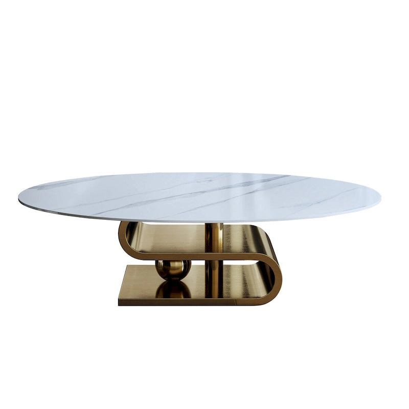 Table basse ovale moderne exquise avec plateau en pierre blanche de 51 L et base en métal doré