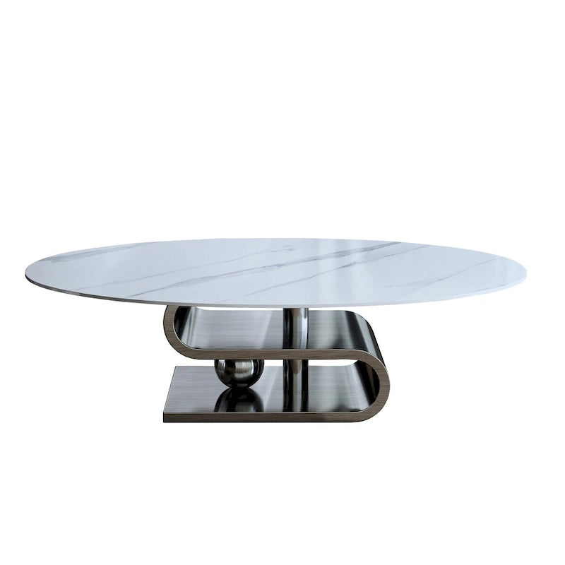 Table basse ovale moderne exquise avec plateau en pierre blanche de 51 L et base en métal doré