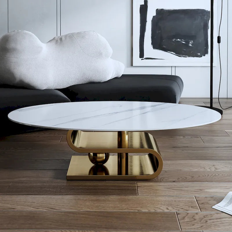 Table basse ovale moderne exquise avec plateau en pierre blanche de 51 L et base en métal doré