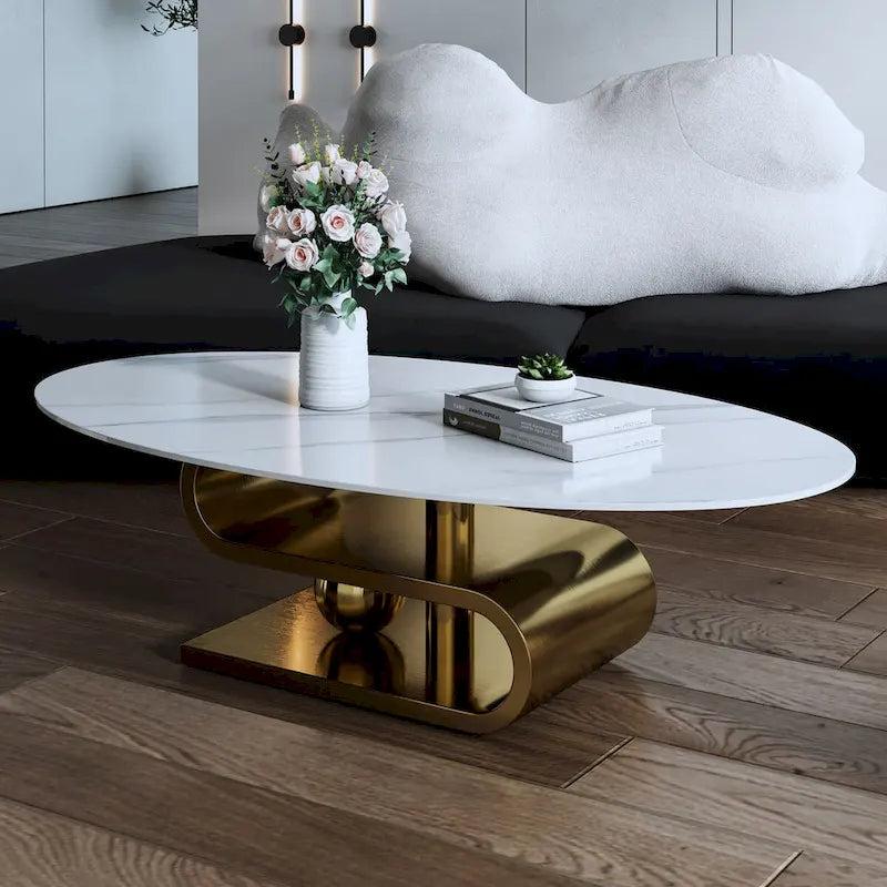 Table basse ovale moderne exquise avec plateau en pierre blanche de 51 L et base en métal doré