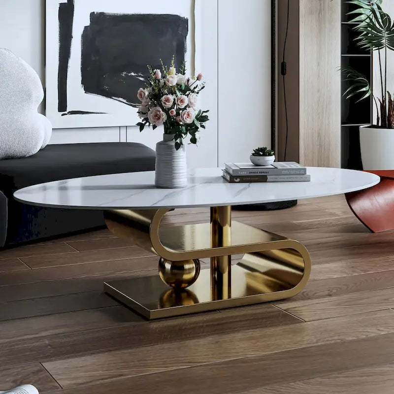 Table basse ovale moderne exquise avec plateau en pierre blanche de 51 L et base en métal doré