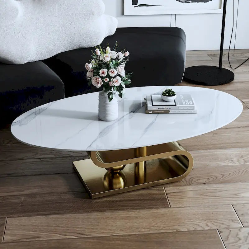 Table basse ovale moderne exquise avec plateau en pierre blanche de 51 L et base en métal doré