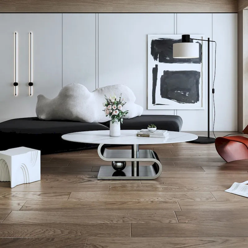 Table basse ovale moderne exquise avec plateau en pierre blanche de 51 L et base en métal doré