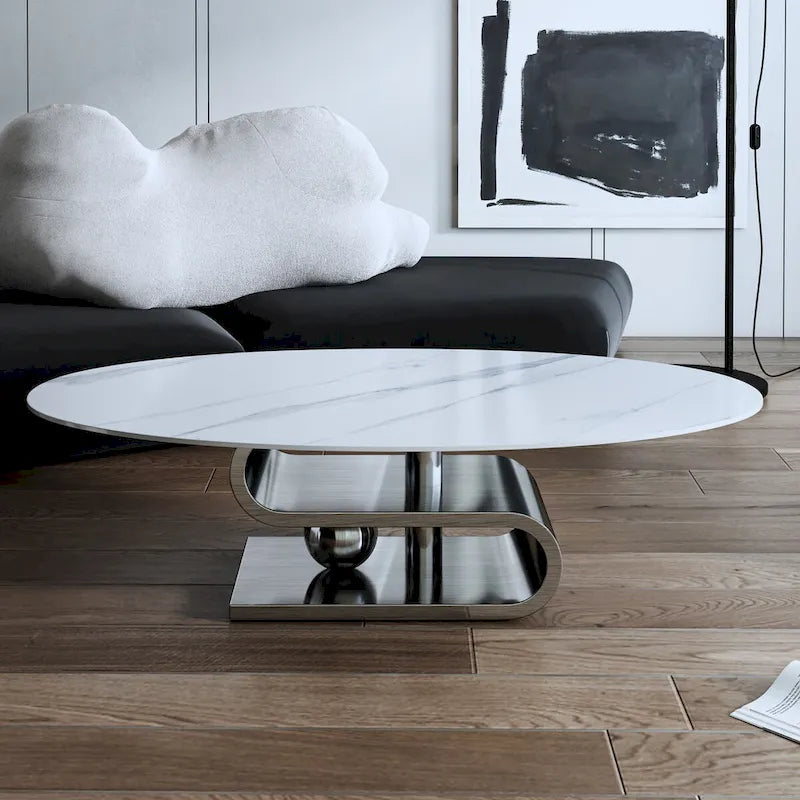 Table basse ovale moderne exquise avec plateau en pierre blanche de 51 L et base en métal doré