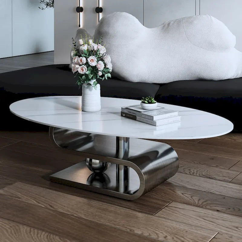 Table basse ovale moderne exquise avec plateau en pierre blanche de 51 L et base en métal doré