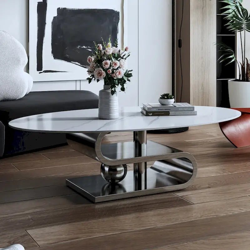 Table basse ovale moderne exquise avec plateau en pierre blanche de 51 L et base en métal doré