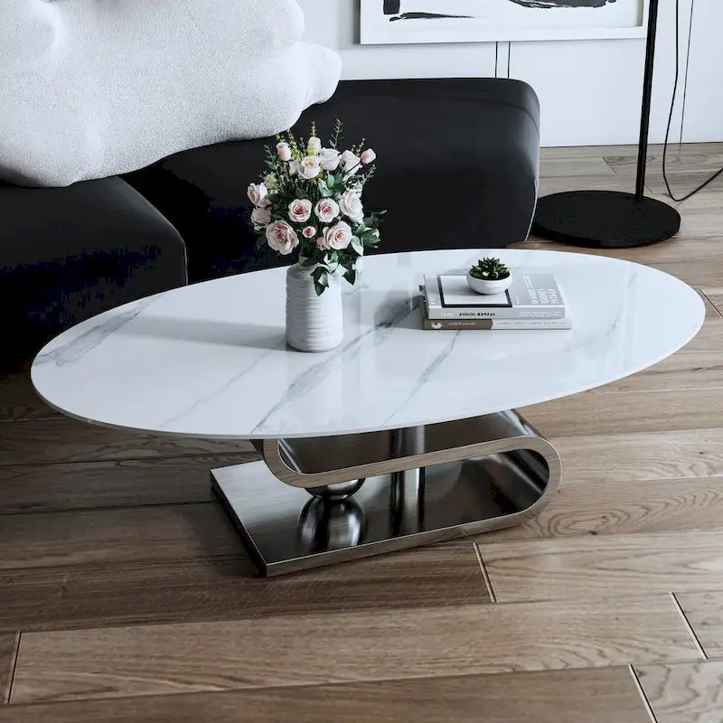 Table basse ovale moderne exquise avec plateau en pierre blanche de 51 L et base en métal doré