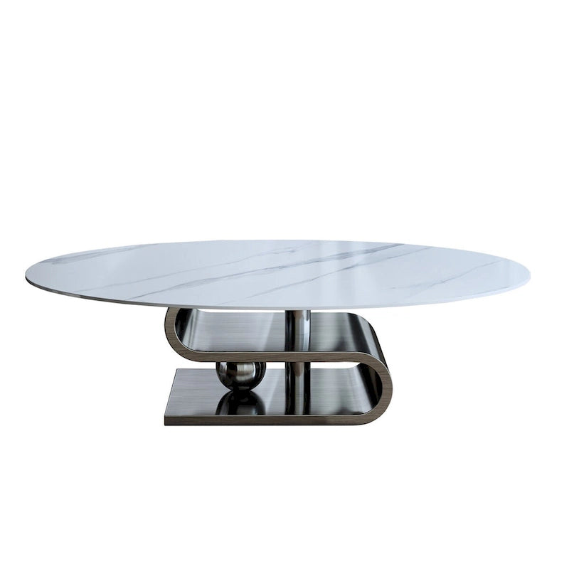 Table basse ovale moderne exquise avec plateau en pierre blanche de 51 L et base en métal doré