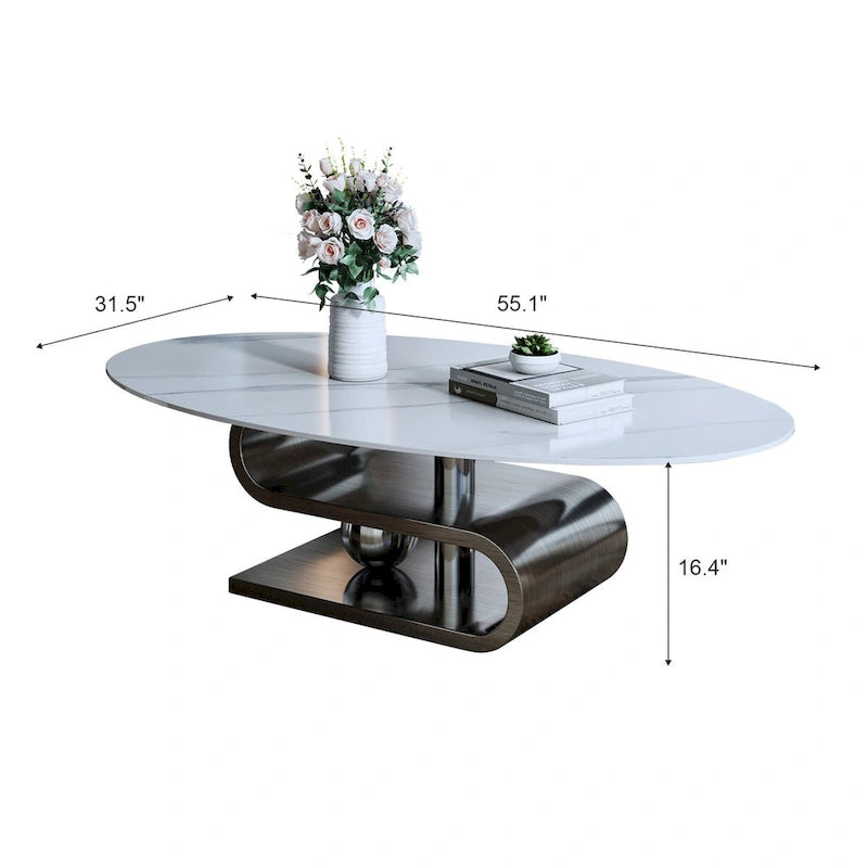 Table basse ovale moderne exquise avec plateau en pierre blanche de 51 L et base en métal doré