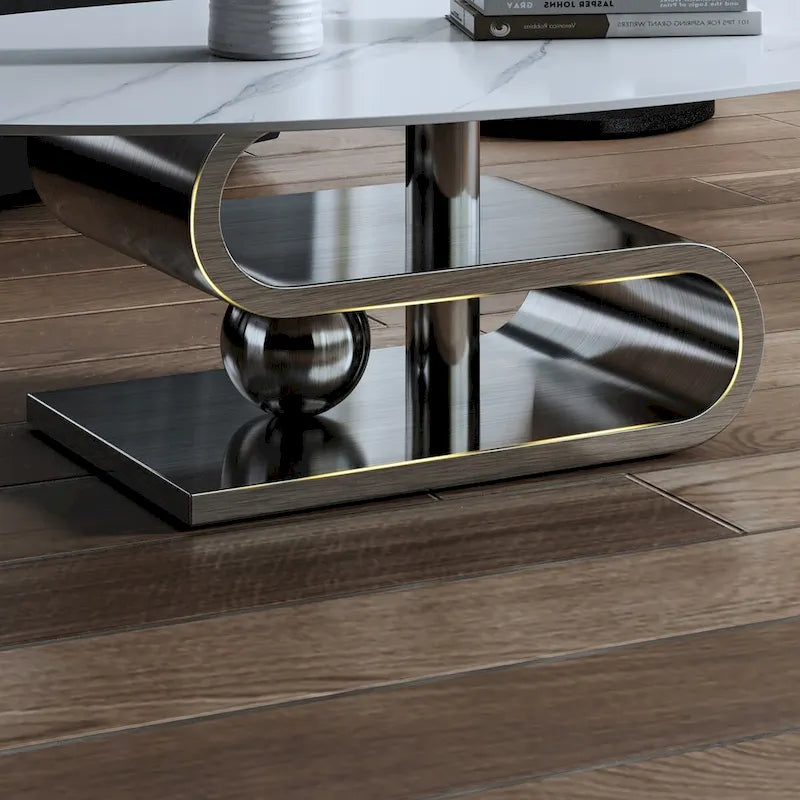 Table basse ovale moderne exquise avec plateau en pierre blanche de 51 L et base en métal doré