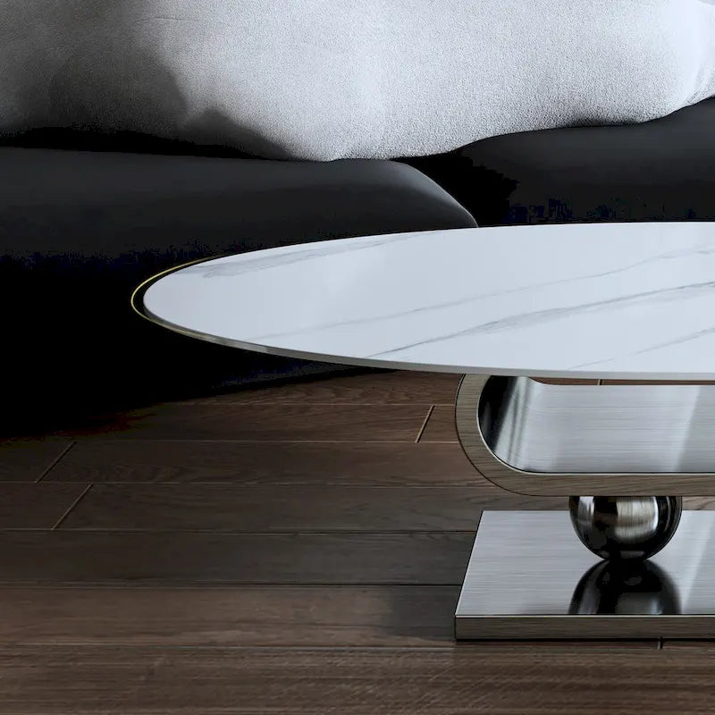 Table basse ovale moderne exquise avec plateau en pierre blanche de 51 L et base en métal doré