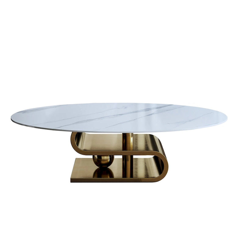 Table basse ovale moderne exquise avec plateau en pierre blanche de 51 L et base en métal doré