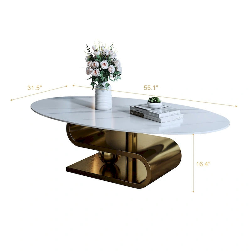 Table basse ovale moderne exquise avec plateau en pierre blanche de 51 L et base en métal doré