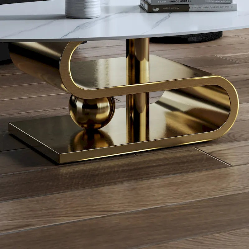 Table basse ovale moderne exquise avec plateau en pierre blanche de 51 L et base en métal doré