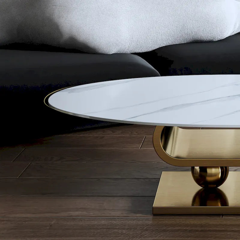 Table basse ovale moderne exquise avec plateau en pierre blanche de 51 L et base en métal doré